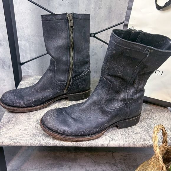 FRYE | Fulton Inside Zip Black Distressed Leather Café Racer Motorcycle Boots main image 9